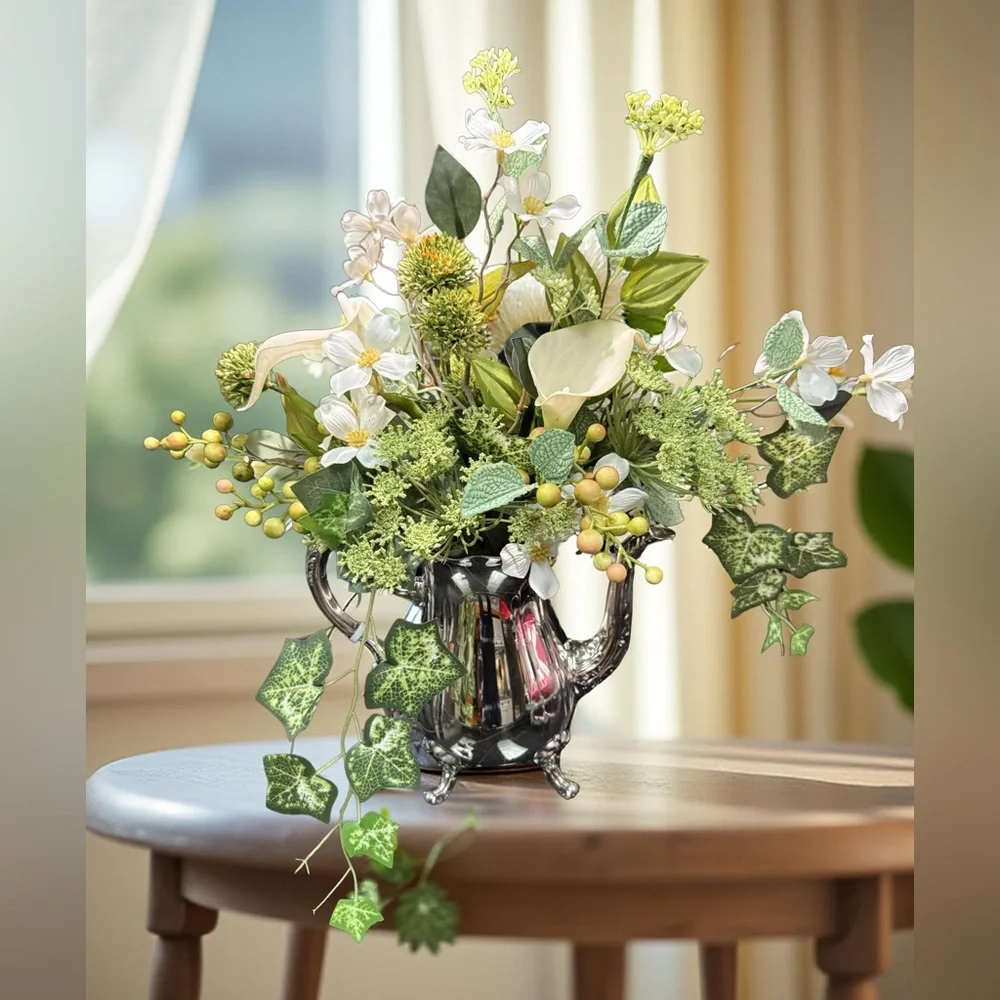 Vintage Newely Designed Elegant Floral Arrangement in Silver-plated Pitcher